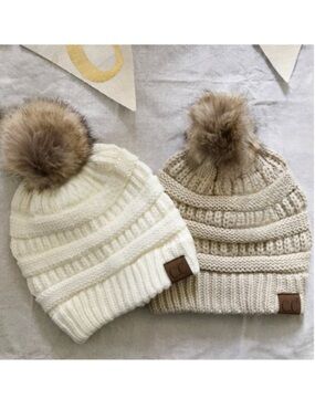 C.C Cable Knit Faux Fur Pom Pom Beanie Hats Bundle of 2!